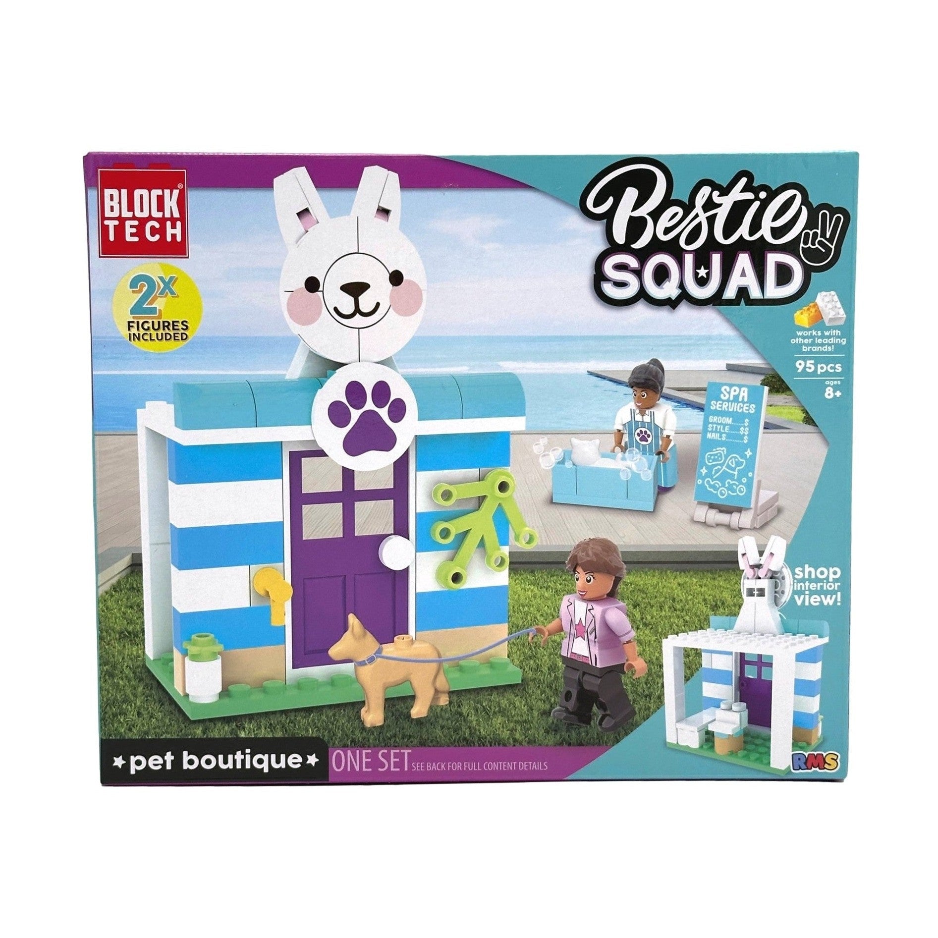 Boxed "Block Tech Bestie Squad" pet boutique brick-building set, with two included figures and a dog, and a brick-built bunny statue above the shop.